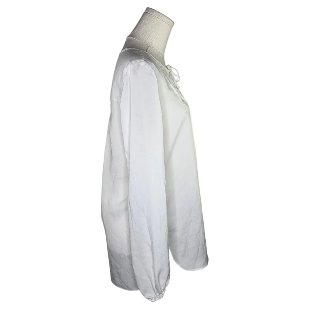 Neiman Marcus White Pleated Keyhole Blouse Long Sleeve Classic Minimalist